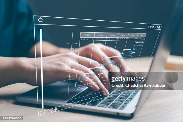 analyst working computer business analytics data management system report kpi metrics connected database corporate strategy finance operations sales marketing - financial planner stockfoto's en -beelden