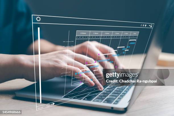 Analyst working computer Business Analytics Data Management System report KPI metrics connected database Corporate strategy finance operations sales marketing