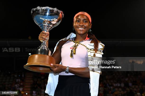 Coco Gauff of USA celebrates after winning the women's singles final match against Rebeka Masarova of Spain during day seven of the 2023 ASB Classic...