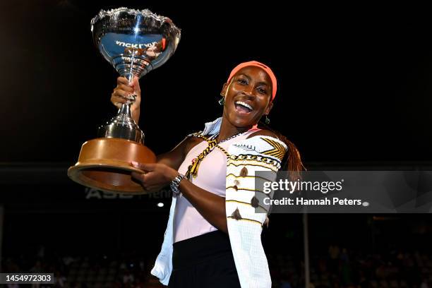 Coco Gauff of USA celebrates after winning the women's singles final match against Rebeka Masarova of Spain during day seven of the 2023 ASB Classic...