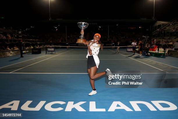 Coco Gauff of the USA poses with the trophy following her singles final win against Rebeka Masarova of Spain during day seven of the 2023 ASB Classic...