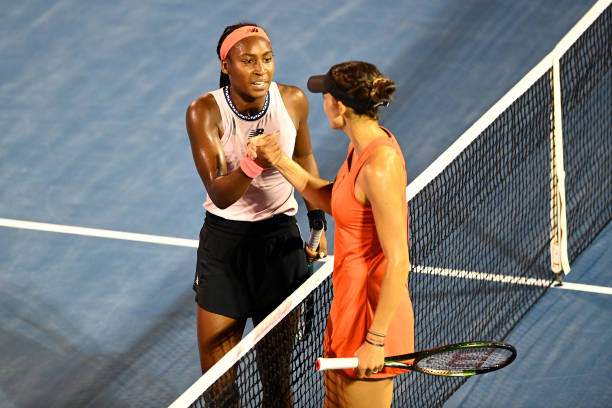 Coco Gauff of USA is congratulated by Rebeka Masarova of Spain after winning the women's singles final match against during day seven of the 2023 ASB...