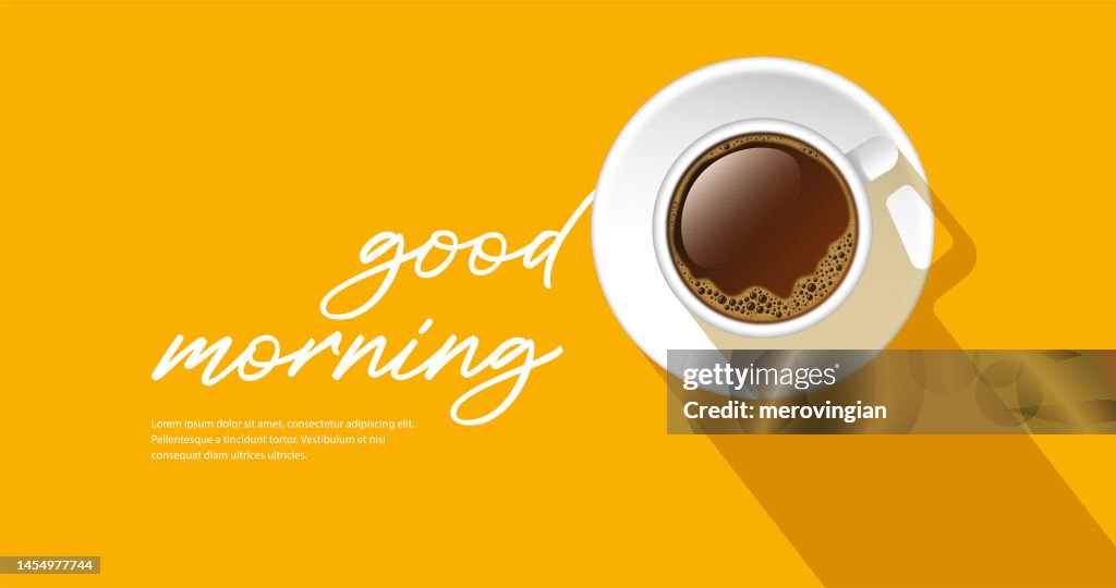 Good morning message on a yellow background with cup of coffee