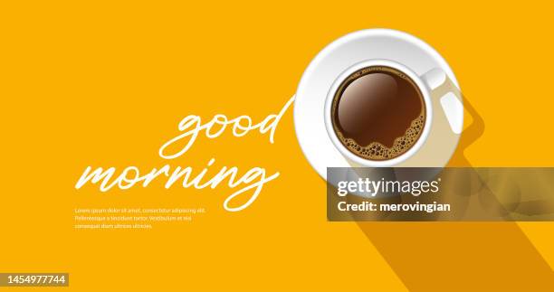 good morning message on a yellow background with cup of coffee - coffee crop stock illustrations