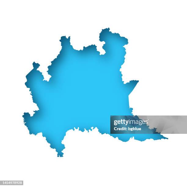 lombardei karte - weißes papier ausgeschnitten auf blauem hintergrund - lombardei stock-grafiken, -clipart, -cartoons und -symbole