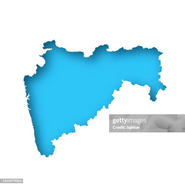 ilustraciones, imágenes clip art, dibujos animados e iconos de stock de mapa de maharashtra - libro blanco recortado sobre fondo azul - bombay map