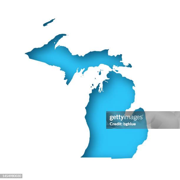 ilustrações, clipart, desenhos animados e ícones de mapa de michigan - livro branco recortado no fundo azul - michigan