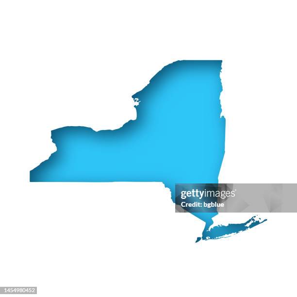 new york map - white paper cut out on blue background - new york state map outline stock illustrations