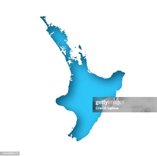 north island map - white paper cut out on blue background - north island new zealand stock illustrations