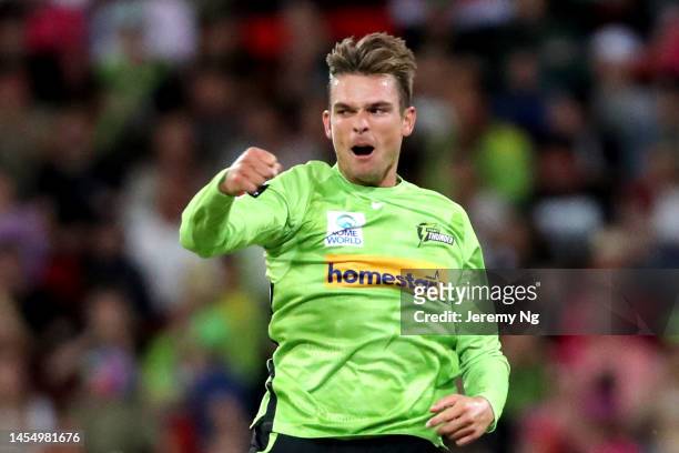 Chris Green of the Thunder celebrates a wicket during the Men's Big Bash League match between the Sydney Thunder and the Sydney Sixers at Sydney...