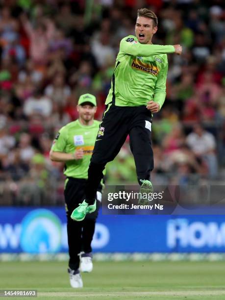 Chris Green of the Thunder celebrates a wicket during the Men's Big Bash League match between the Sydney Thunder and the Sydney Sixers at Sydney...