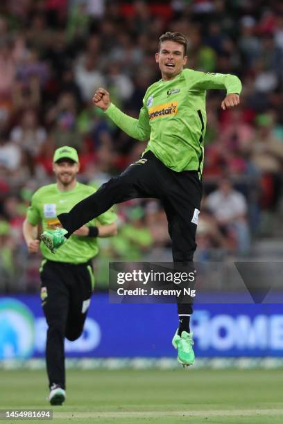 Chris Green of the Thunder celebrates a wicket during the Men's Big Bash League match between the Sydney Thunder and the Sydney Sixers at Sydney...