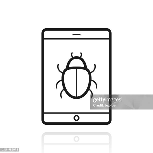tablet pc with bug. icon with reflection on white background - ransomware screen stock illustrations