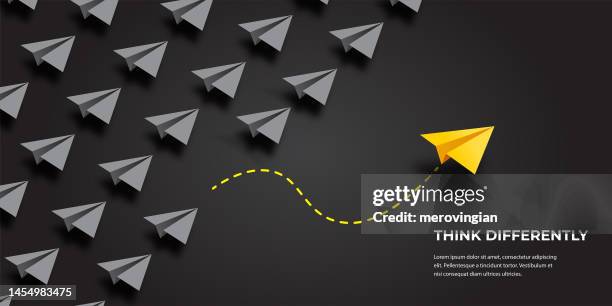 flying paper airplanes. think differently, leadership, trends, creative solution and unique way concept. be different - lead management stock illustrations
