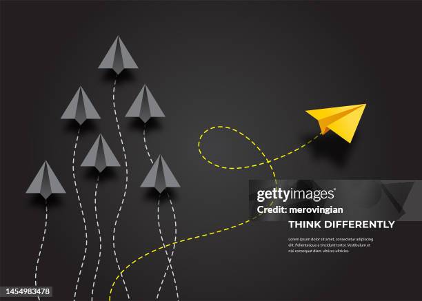 flying paper airplanes. think differently, leadership, trends, creative solution and unique way concept. be different - think differently concept stock illustrations