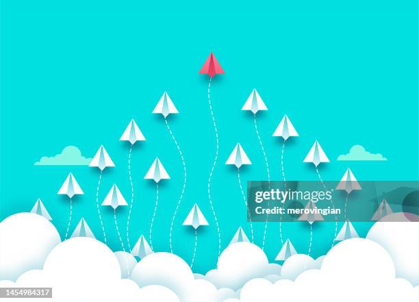 flying paper airplanes. think differently, leadership, trends, creative solution and unique way concept. be different - think differently concept stock illustrations