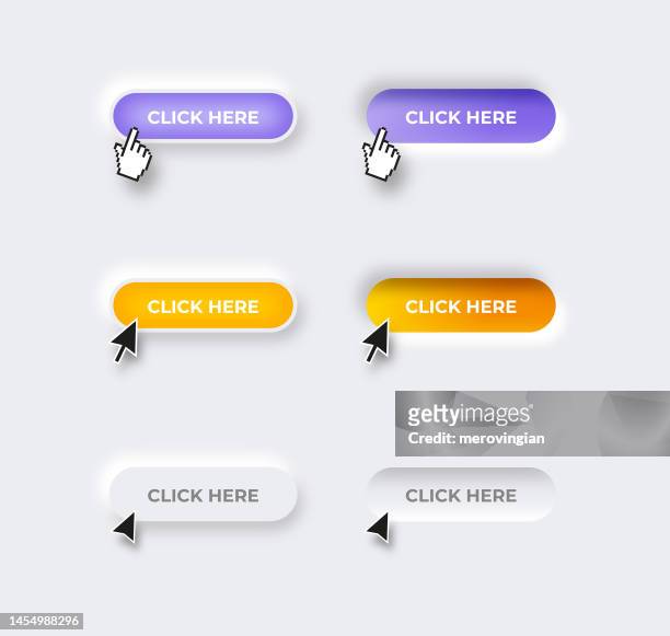 ilustrações de stock, clip art, desenhos animados e ícones de click here button set and different mouse click cursors - computer mouse