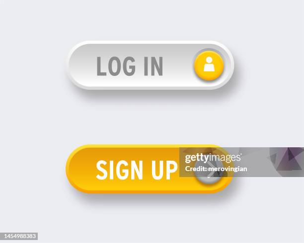 schaltflächen "anmelden" und "anmelden". gelbe und graue schaltflächen für das abonnieren des dienstes - 3d button stock-grafiken, -clipart, -cartoons und -symbole