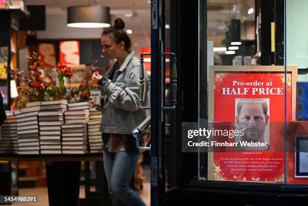 Poster advertising the launch of Prince Harry's memoir "Spare" is seen in a Waterstones book shop window on January 08, 2023 in Dorchester, United...