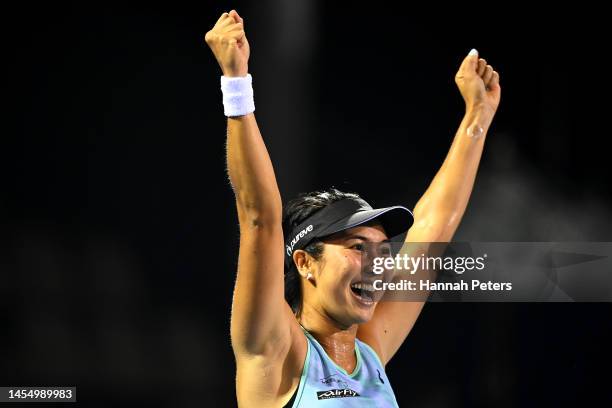 Aldila Sutjiadi of Indonesia celebrates after winning the women's doubles final with partner Miyu Kate of Japan against Leylah Fernando of Canada and...