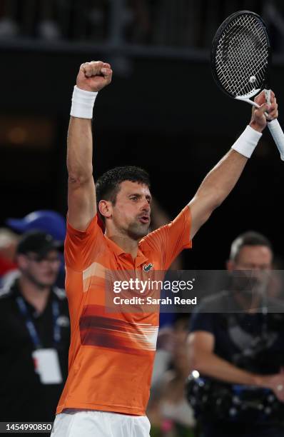 Novak Djokovic of Serbia wins the mens championship after defeating Sebastian Korda of the USA during day eight of the 2023 Adelaide International at...