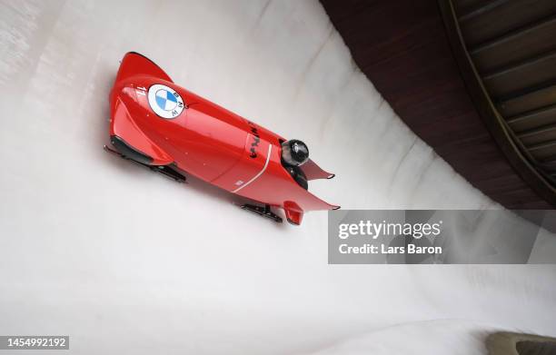 Mingming Huai and Xuan Wang of China compete in the 2-woman Bobsleigh during the BMW IBSF Skeleton World Cup at Veltins Eis-Arena on January 08, 2023...