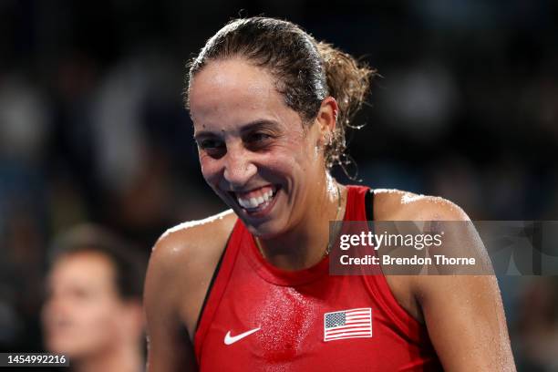 Madison Keys of the USA celebrates with her team mates following victory in her final against Lucia Bronzetti of Italy during day eleven of the 2023...