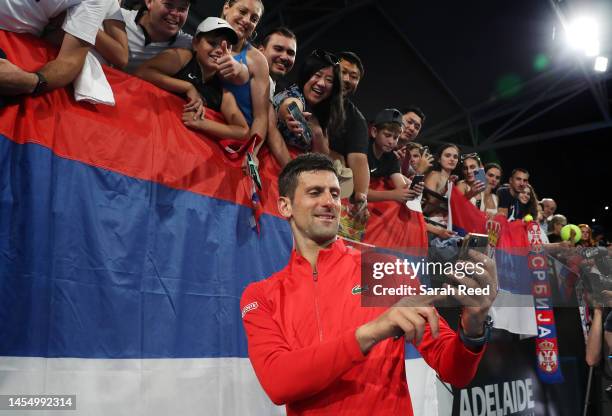 Novak Djokovic of Serbia wins the mens championship after defeating Sebastian Korda of the USA with fans during day eight of the 2023 Adelaide...