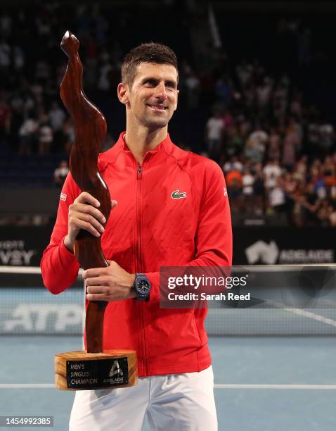 Novak Djokovic of Serbia wins the mens championship after defeating Sebastian Korda of the USA during day eight of the 2023 Adelaide International at...