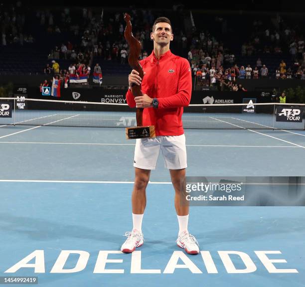 Novak Djokovic of Serbia wins the mens championship after defeating Sebastian Korda of the USA during day eight of the 2023 Adelaide International at...