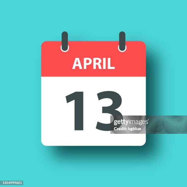 april 13 - daily calendar icon on blue green background with shadow - april stock illustrations