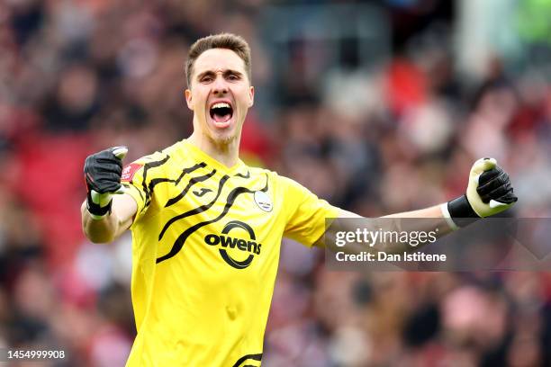 Steven Benda of Swansea City celebrates after the team's first goal during the Emirates FA Cup Third Round match between Bristol City and Swansea...