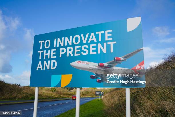 Spaceport signage at Cornwall Airport on January 08, 2023 in Newquay, England. Preparations are being made for "Start Me Up", the first rocket launch...