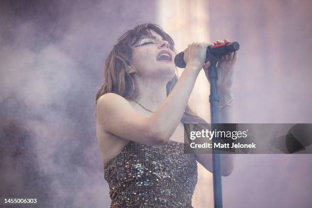 Lauren Mayberry of the band CHVRCHES performs at Falls Festival on January 08, 2023 in Fremantle, Australia.