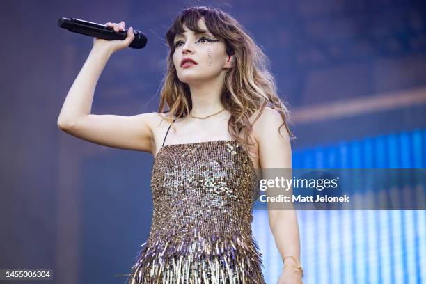 Lauren Mayberry of the band CHVRCHES performs at Falls Festival on January 08, 2023 in Fremantle, Australia.