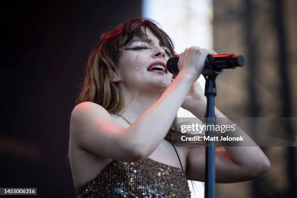 Lauren Mayberry of the band CHVRCHES performs at Falls Festival on January 08, 2023 in Fremantle, Australia.