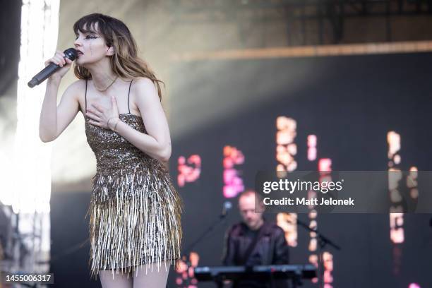 Lauren Mayberry of the band CHVRCHES performs at Falls Festival on January 08, 2023 in Fremantle, Australia.