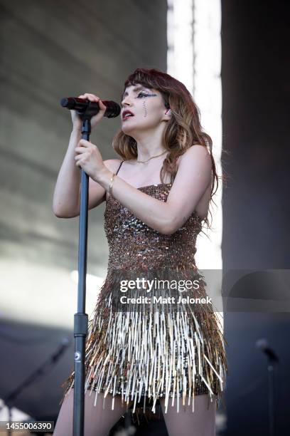 Lauren Mayberry of the band CHVRCHES performs at Falls Festival on January 08, 2023 in Fremantle, Australia.