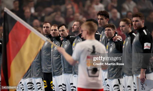 The team of Germany line up ahead of the handball international friendly match between Germany and Iceland at ÖVB-Arena on January 07, 2023 in...