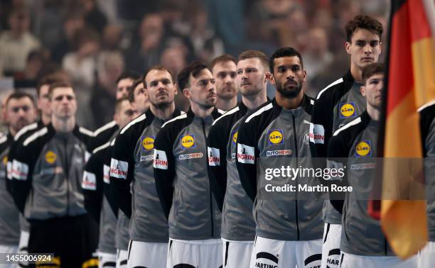The team of Germany line up ahead of the handball international friendly match between Germany and Iceland at ÖVB-Arena on January 07, 2023 in...