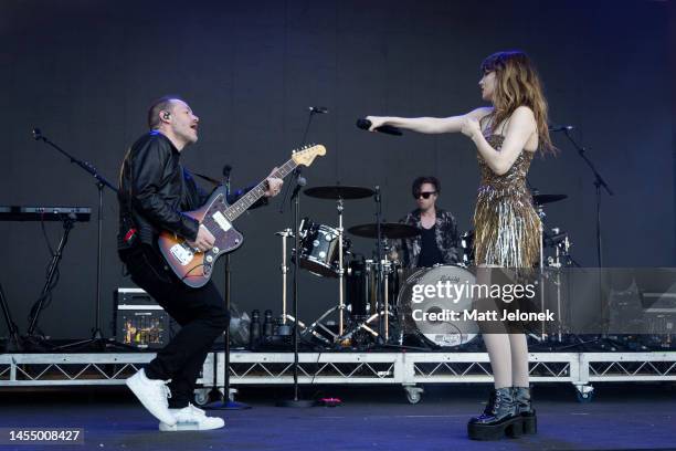 Iain Cook & Lauren Mayberry of the band CHVRCHES perform at Falls Festival on January 08, 2023 in Fremantle, Australia.