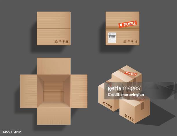 empty open and closed cardboard box, top view and isometric box stack - cardboard box top view stock illustrations