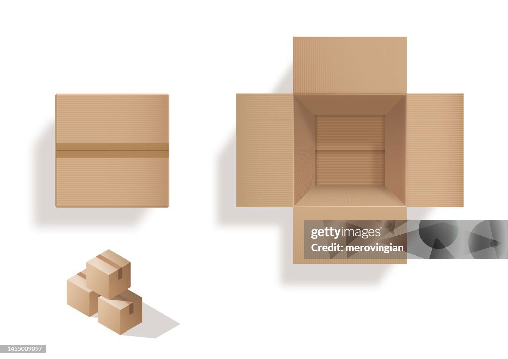 Empty open and closed cardboard box, top view and isometric box stack
