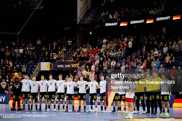 Team of Germany sings the national anthem prior to the U21 handball international friendly match between Germany and Iceland at ZAG-Arena on January...