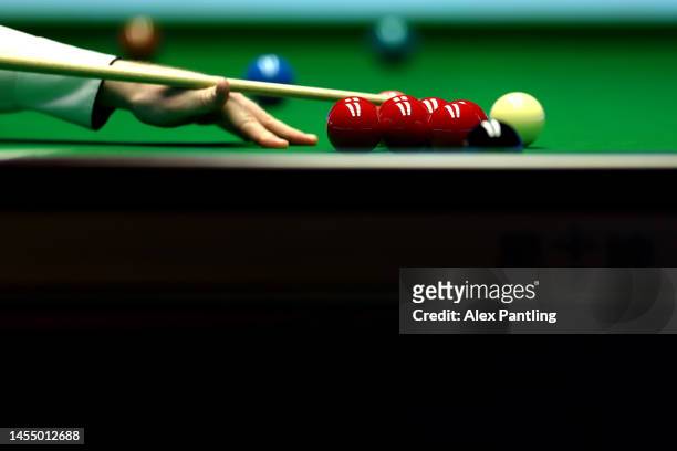 Detailed view as Shaun Murphy of England plays a shot during his first round match against Neil Robertson of Australia at Alexandra Palace on January...