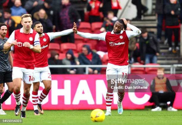 Antoine Semenyo of Bristol City celebrates with teammate Nahki Wells after scoring the team's first goal during the Emirates FA Cup Third Round match...