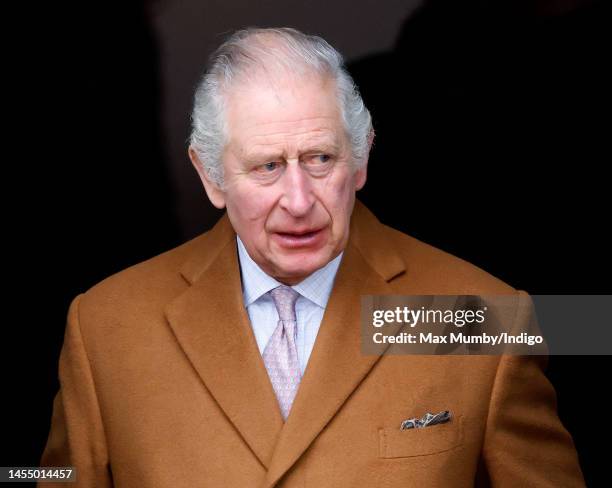 King Charles III attends the Epiphany service at the church of St Lawrence, Castle Rising near the Sandringham Estate on January 8, 2023 in King's...