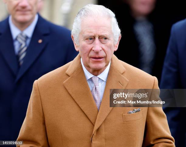 King Charles III attends the Epiphany service at the church of St Lawrence, Castle Rising near the Sandringham Estate on January 8, 2023 in King's...