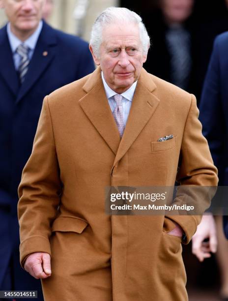 King Charles III attends the Epiphany service at the church of St Lawrence, Castle Rising near the Sandringham Estate on January 8, 2023 in King's...