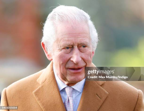King Charles III attends the Epiphany service at the church of St Lawrence, Castle Rising near the Sandringham Estate on January 8, 2023 in King's...